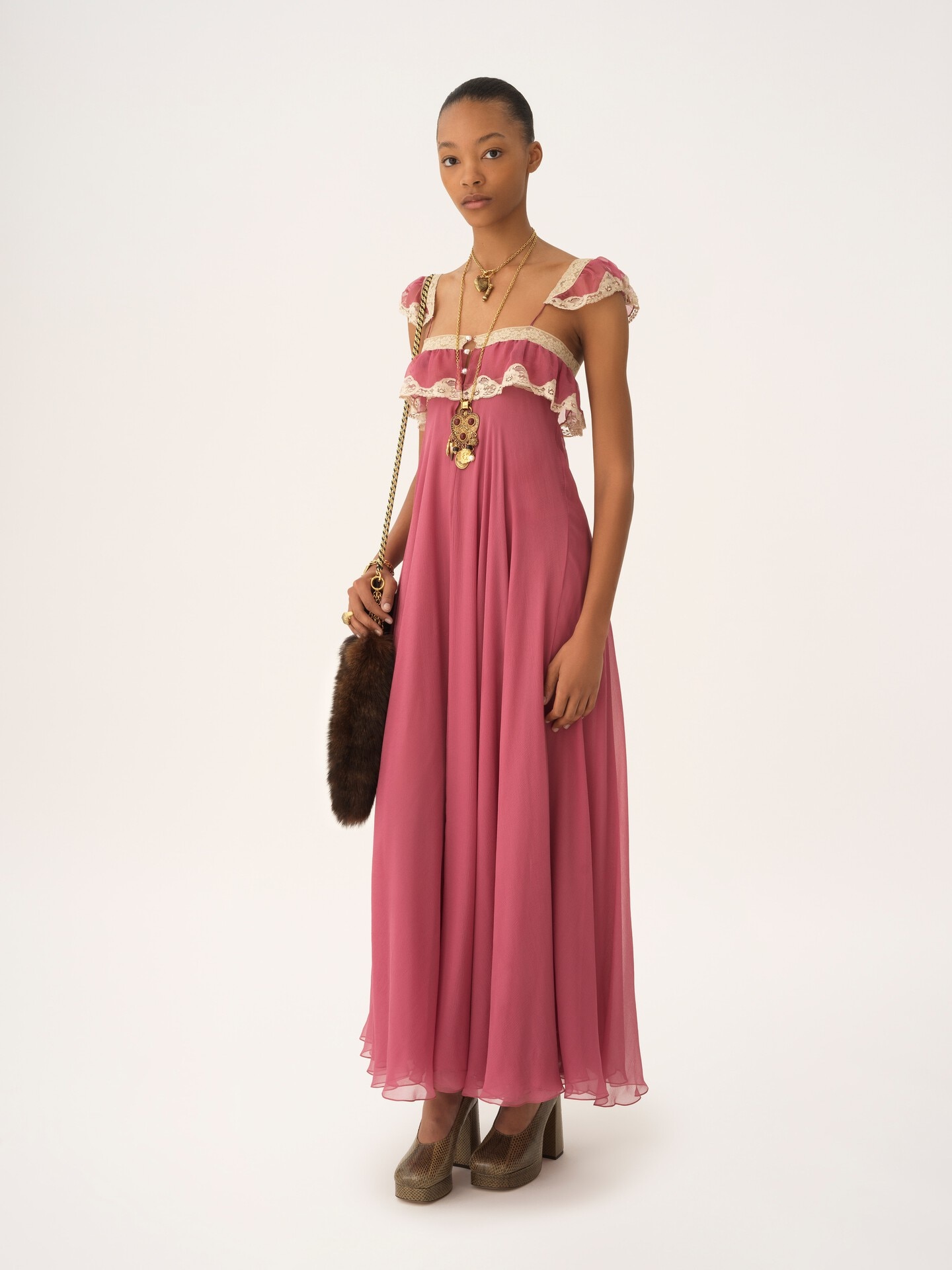 Fluid Long Dress in Silk Mousseline &amp;amp; Lace