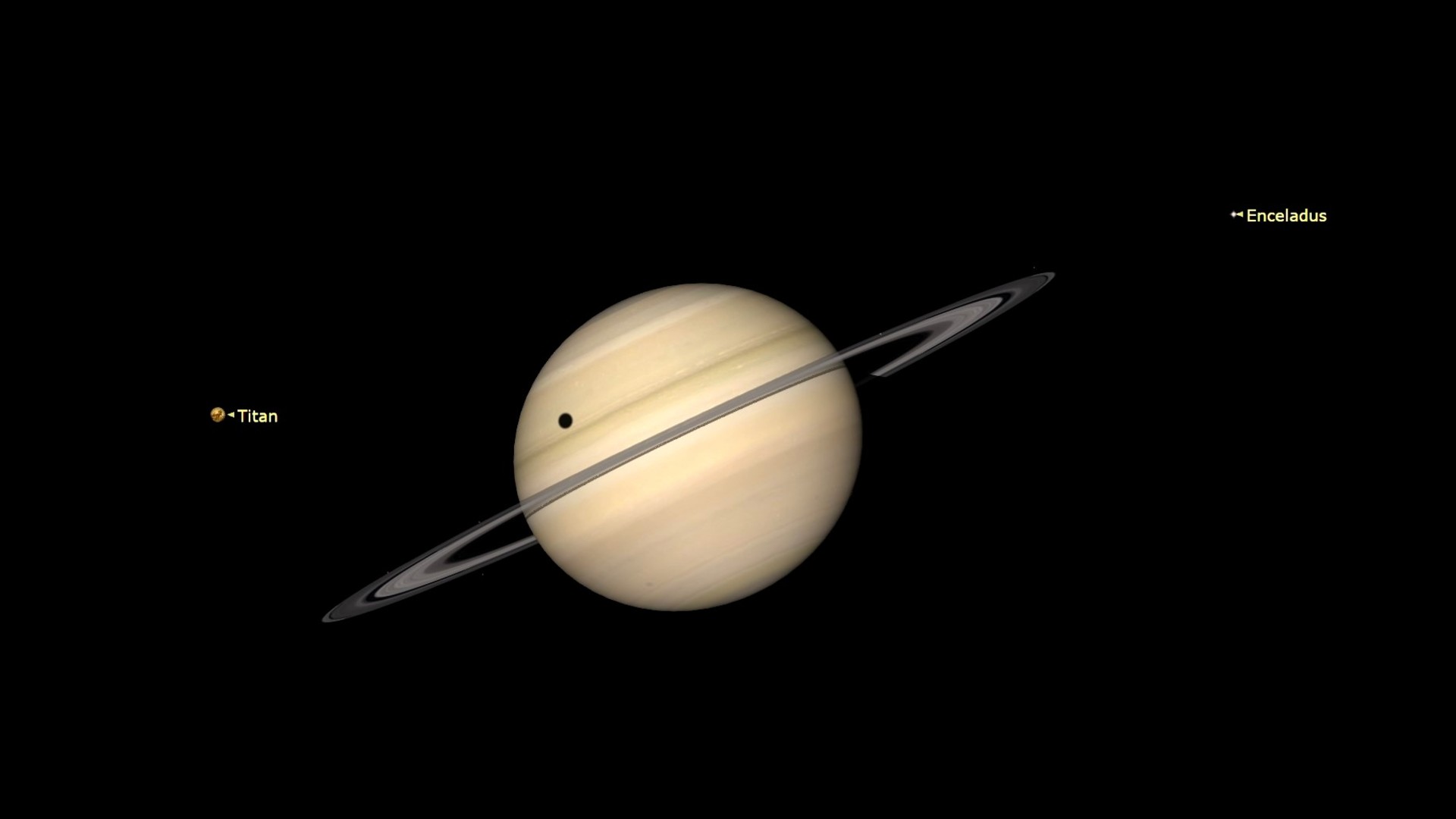 a pale yellow orb with grey rings around it on a black background