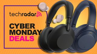 Sony headphones and earbuds on orange background with TechRadar's 'Cyber Monday deals' badge 