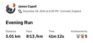 An image showing the stats of James' fourth run