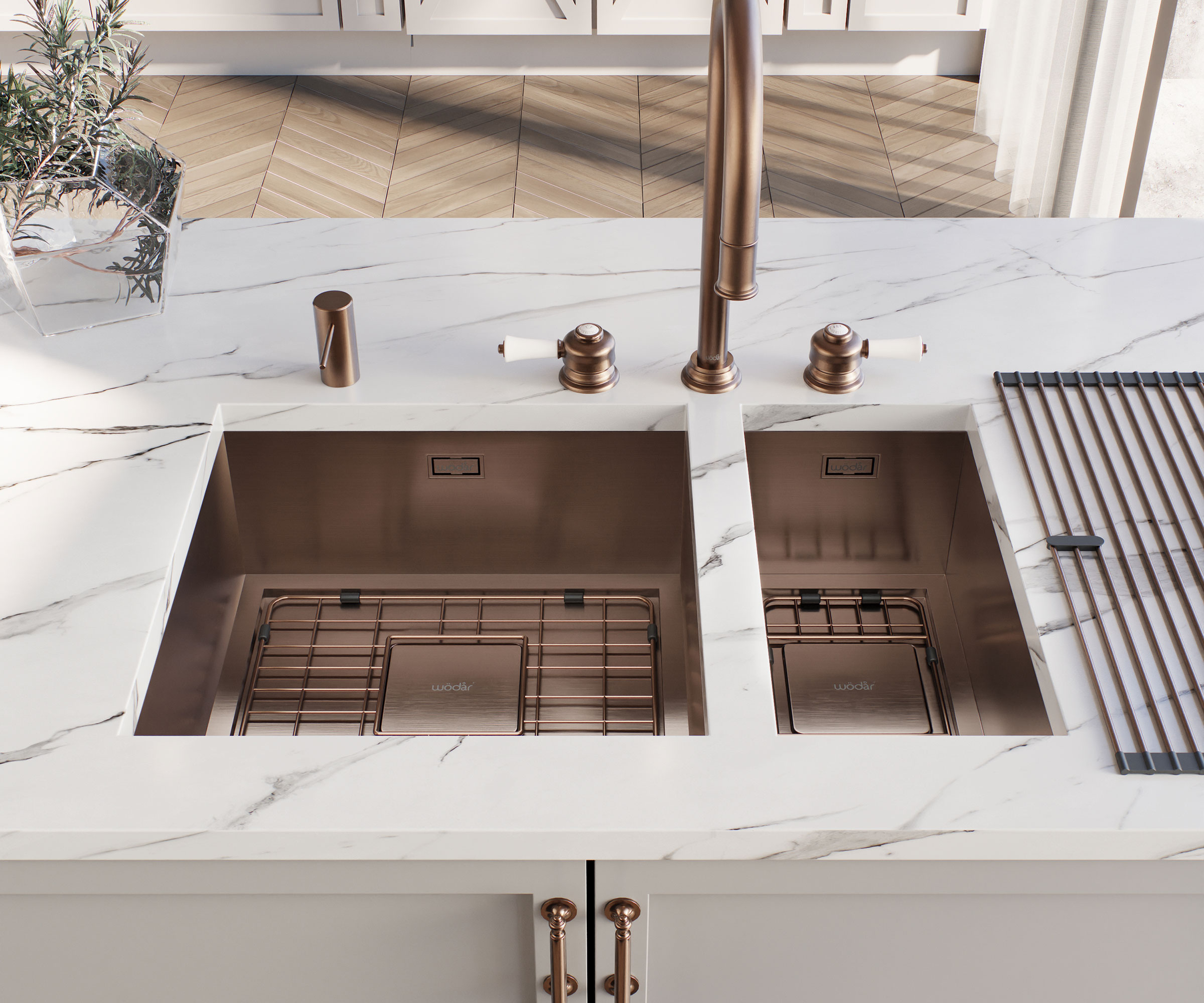 marble composite worktop with undermounted sink and brass boiling water tap