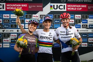 L to r: Loana Lecomte, Pauline Ferrand Prevot, Alessandra Keller on the podium at short track event at Val di Sole MTB World Cup