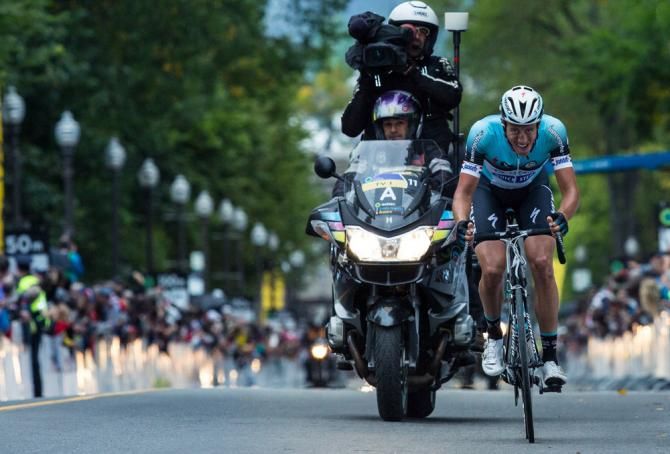 Niki Terpstra (Omega Pharma-QuickStep) alone in the lead and hearing the bell for one lap to go in Quebec