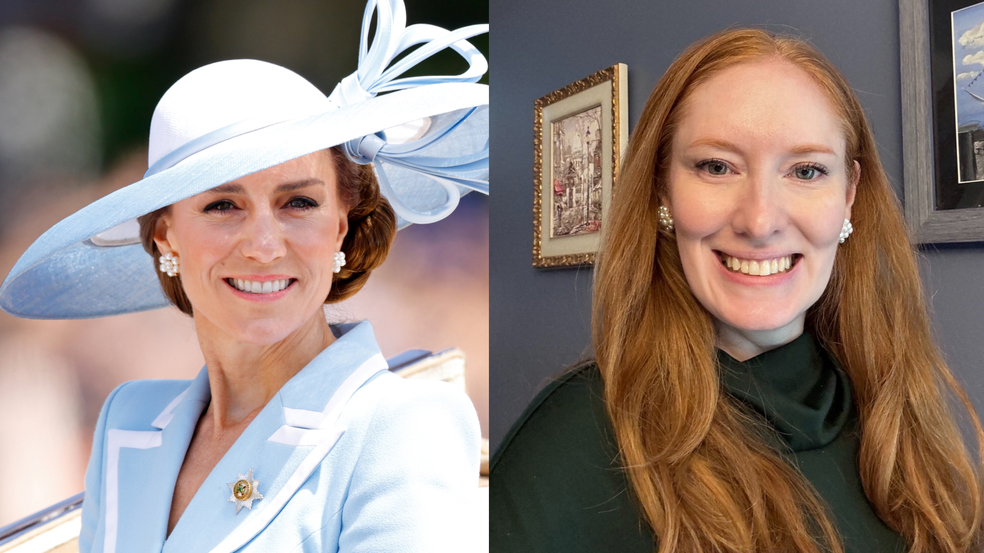 A split image of Princess Kate in a blue coat and hat and Kristin Contino in a green shirt