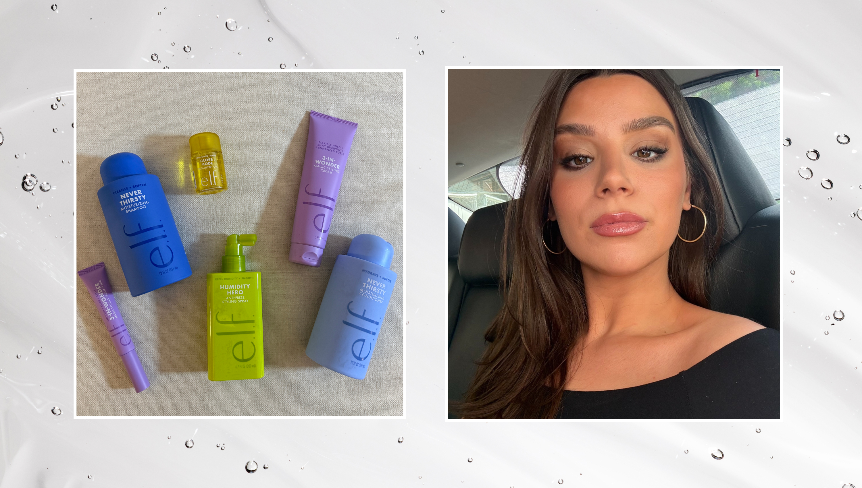 a hair gel background with two framed photos, the left green, yellow, blue, purple, and green hair products next to a girl in the car with brown hair
