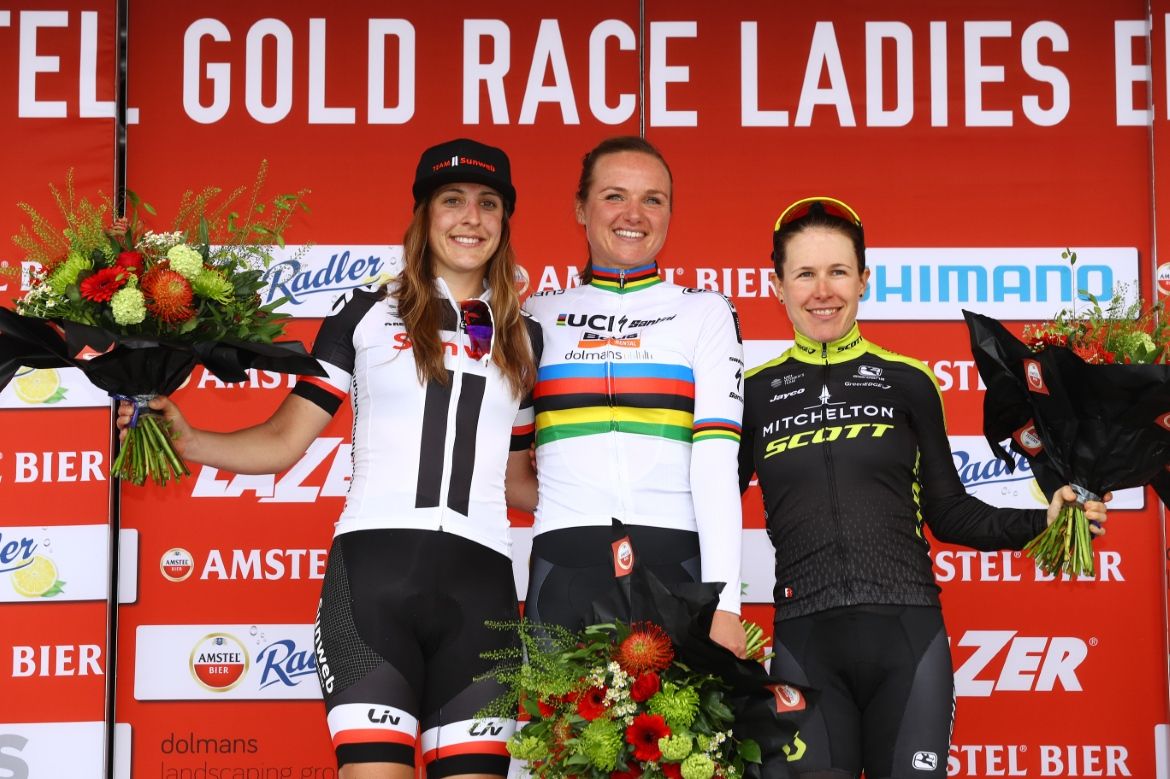 Lucinda Brand, Chantal Blaak and Amanda Spratt on the Amstel podium