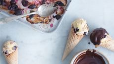Cherry ice cream in cones dipped in chocolate