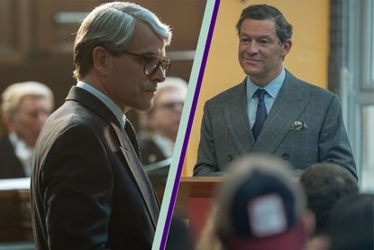 A split collage showing Dominic West as Prince Charles and Jonny Lee Miller as John Major