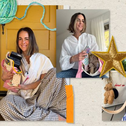 a collage of analog bags holding knitting needles, yarn and art supplies from Sierra Campbell and Emily Karst