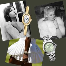 a collage showing three women wearing watches and two product images of watches by Cartier and Longines