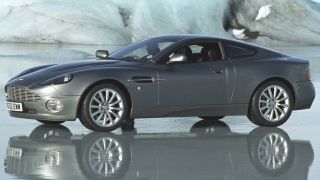 The Aston Martin V12 Vanquish sits on the ice in the daylight in Die Another Day.