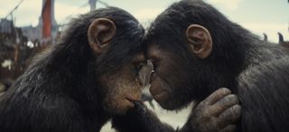 Sonna (performed by Lydia Peckham) and Noa (Owen Teague) touch foreheads in "Kingdom of the Planet of the Apes"