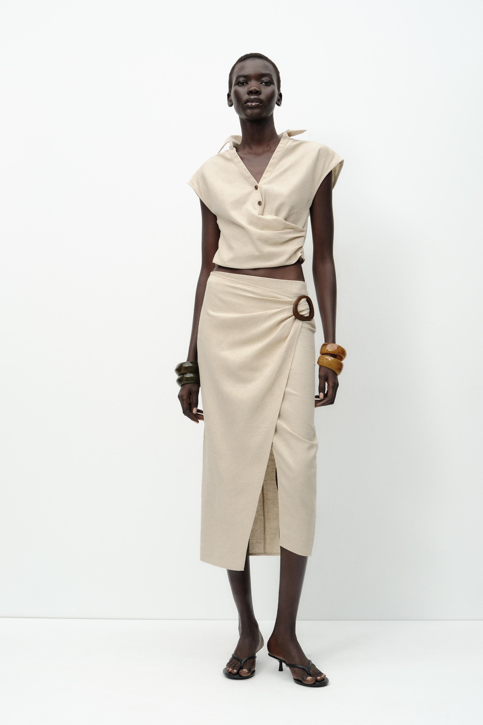 Linen Buckle Midi Skirt