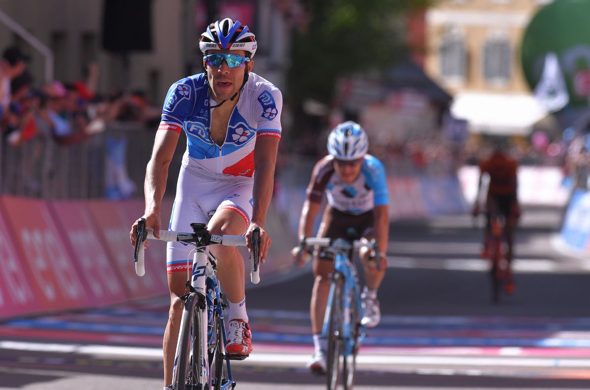 Thibaut Pinot (FDJ) beats Domenico Pozzovivo (AG2R La Mondiale) over the line for third