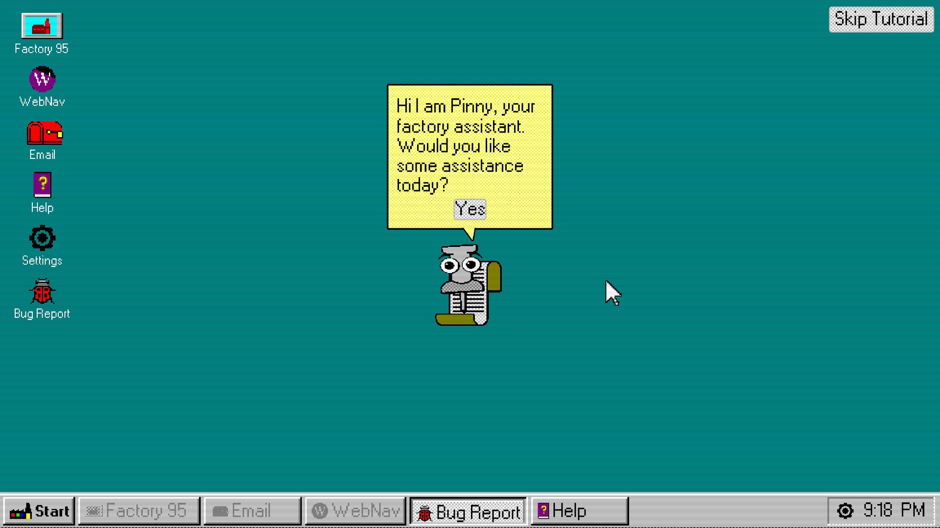 Computer screen with a retro interface. A cartoon character, Pinny, offers assistance. Icons for Factory 95, Email, and settings are visible. Tone is nostalgic.