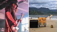 Actor and musician Jason wears his trademark hat and plays the bass, on the right, his holy grail Dumble Overdrive Special, once owned by the Beach Boys, photographed on a beach in Hawaii.