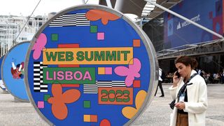 Web Summit 2023 sign at the Altice Arena in Lisbon, Portugal.