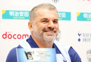 Tottenham squad for 2024/25 Hotspur head coach Ange Postecoglou smiling during a press conference, July 2024