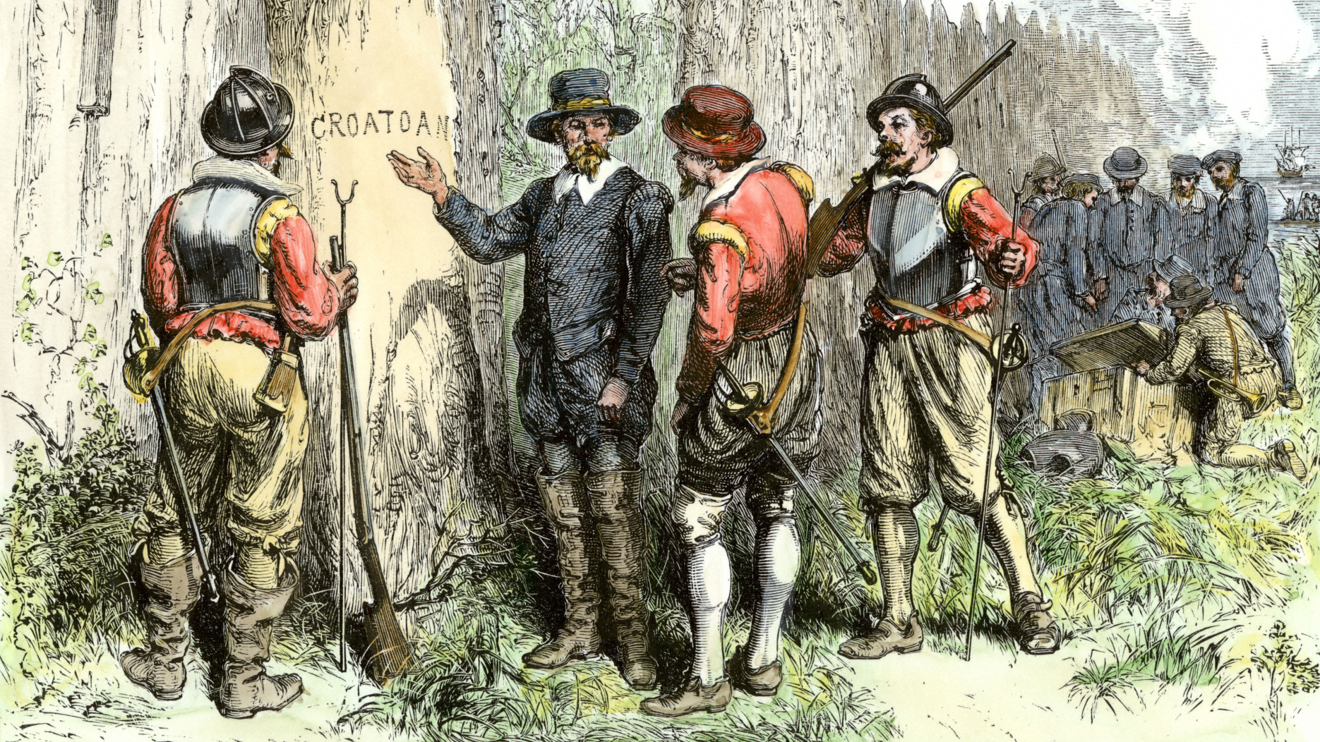 Colorized woodcut of Englishmen standing at a tree with the word CROATOAN on it