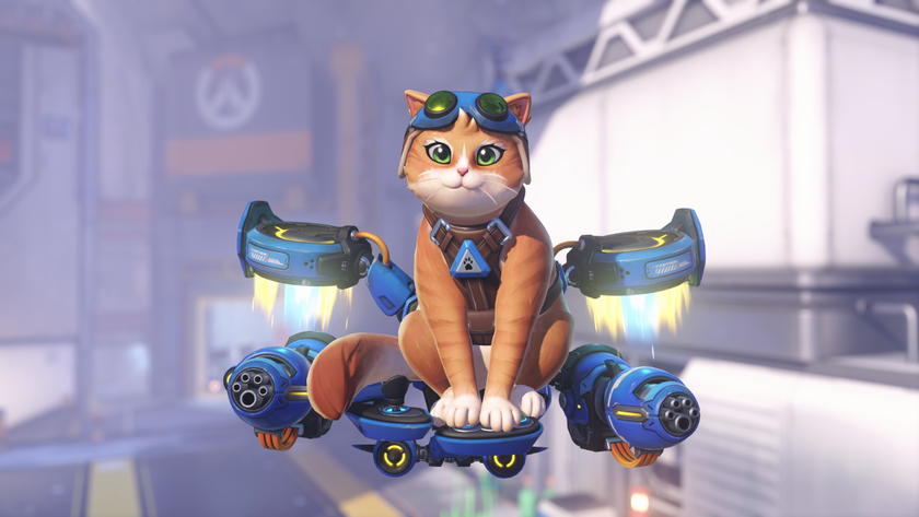 Overwatch Jetpack Cat: Key art of Jetpack Cat sitting on their flying mech, smiling straight ahead.