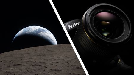 An 'Earthrise' photo taken by NASA on the Artemis II mission next to a Nikon D5 DSLR