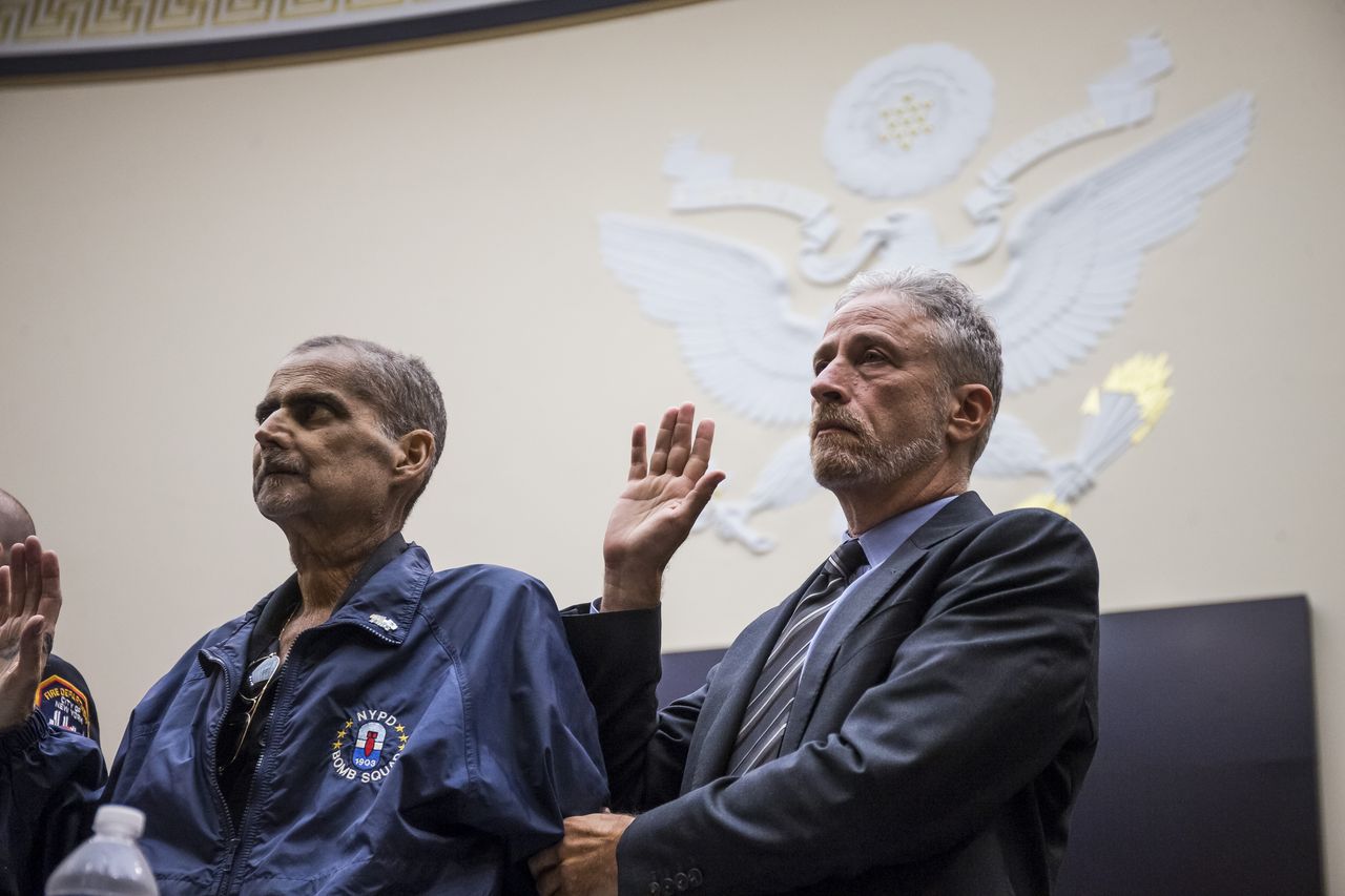 Luis Alvarez and Jon Stewart prepare to testify before Congress.