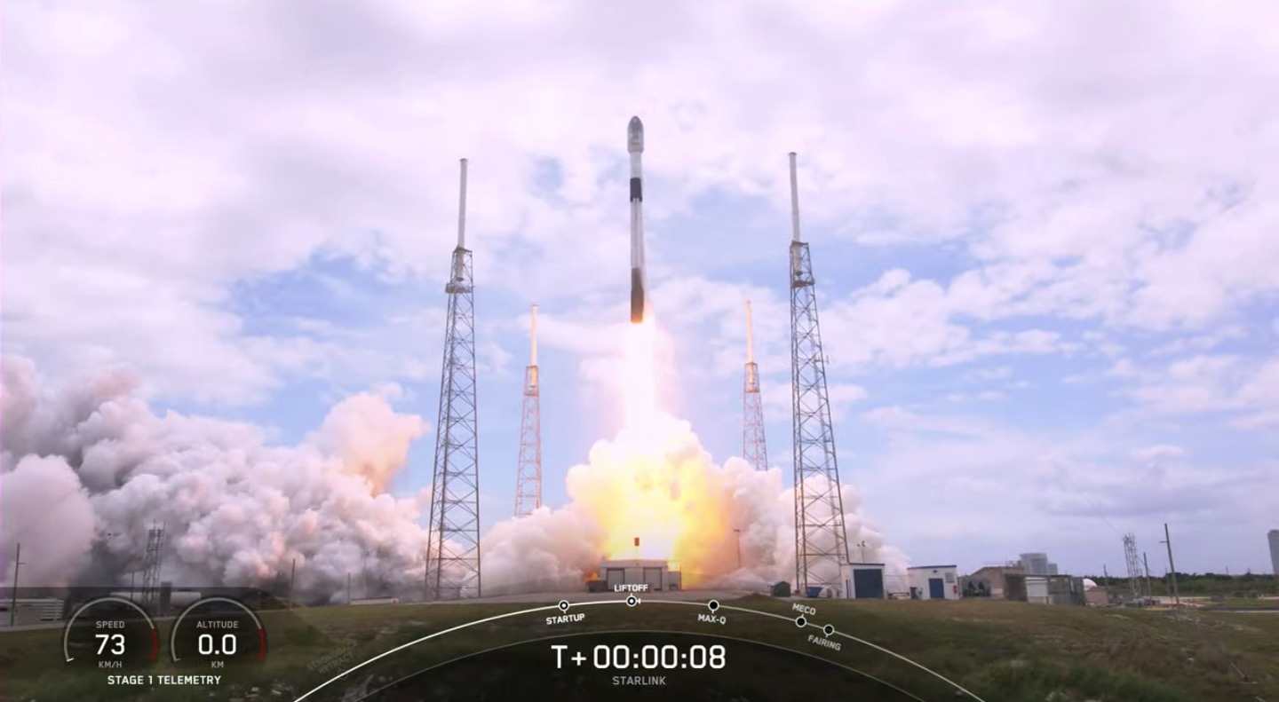 A SpaceX Falcon 9 rocket launches 53 Starlink satellites from Florida's Cape Canaveral Air Force Station on April 21, 2022. It was the 12th liftoff for this Falcon 9 first stage.