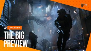 Soldiers running through a dark alleyway at night as an attack helicopter shoots at them from above