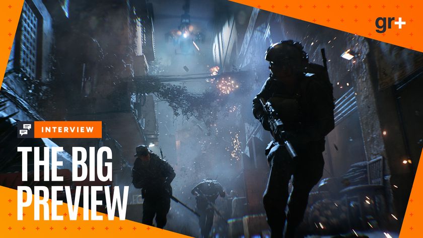 Soldiers running through a dark alleyway at night as an attack helicopter shoots at them from above