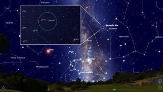 Barnard's Star is a faint red dwarf located in northeastern Ophiuchus, a few degrees to the upper left of the naked-eye star Cebalrai. The sky is shown here for 9 p.m. local time on Sept. 21, but this constellation is visible all through the summer and early autumn annually. The inset presents a detailed star field, with the blue circle representing the field of view through a backyard telescope at low magnification.