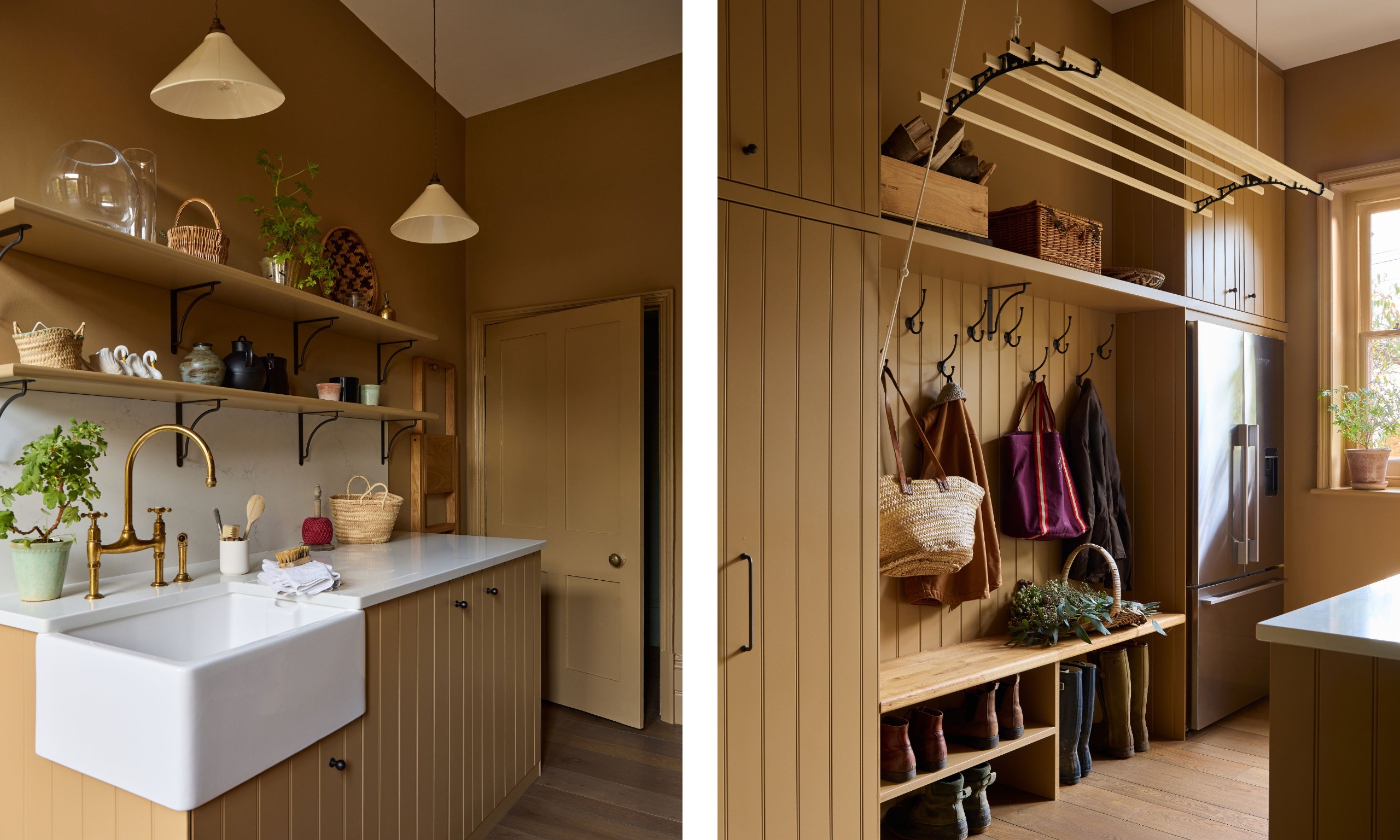 Two images of a utility room color-drenched in warm caramel with open shelving, white countertops, and a butler's sink. Two warm white pendant lights, a laundry creel, and storage for coats and shoes.