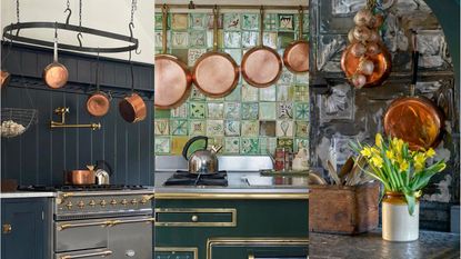 Three images of kitchens with copper pans