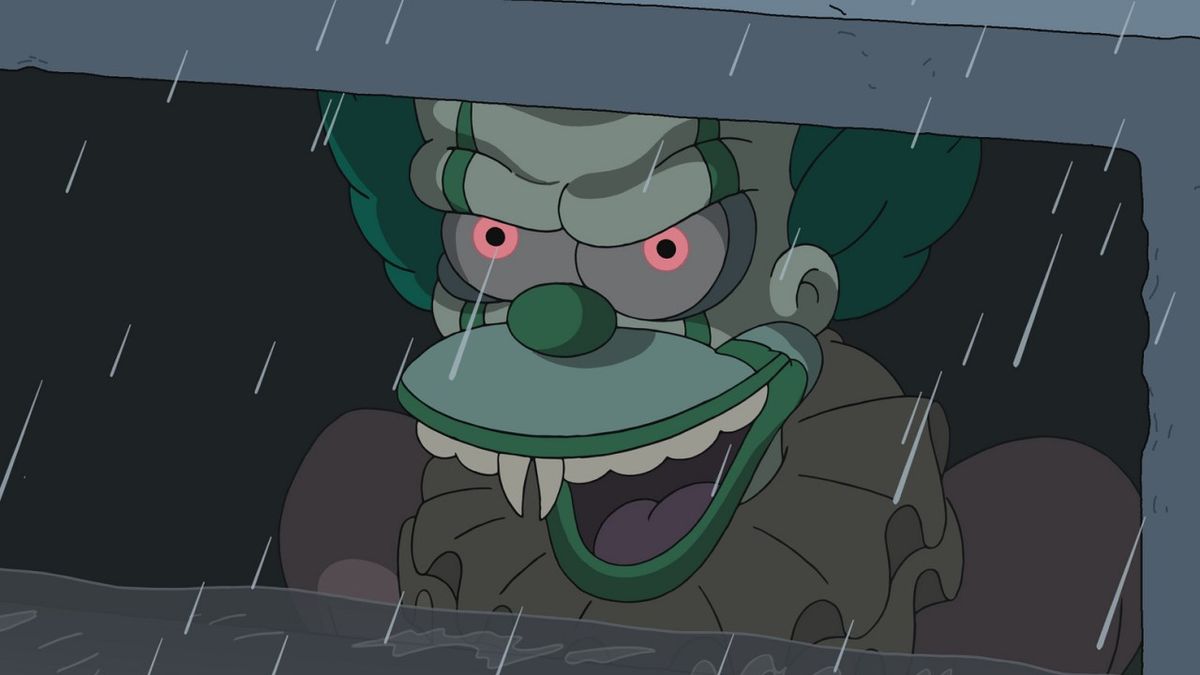 Krusty the Clown as Pennywise in sewer drain in The Simpsons&#039; Not IT special