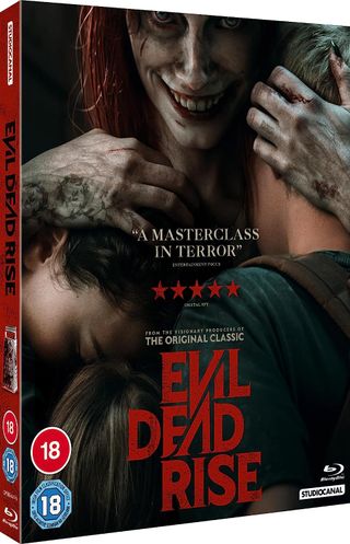 The possessed Ellie hugging her kids close on the cover of the Evil Dead Rise Blu-ray.