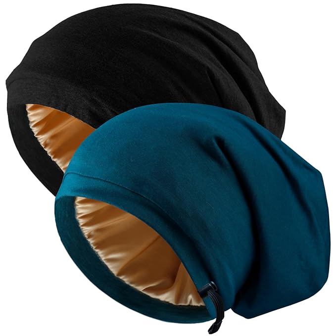 NICPOO, Silk Satin Bonnet Hair Wrap for Sleeping, 2 Pcs Adjustable Silk Bonnets for Women Men Sleep Cap Silk Lined Slouchy With Adjustable Strap Curly Hair Head Scarf Night Caps