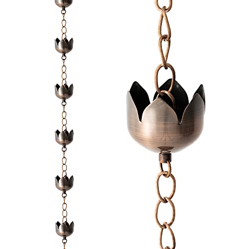 8.5 Ft Faux Copper Rain Chain for Gutter 15 Lotus Cups Rain Chain With V-Shaped Gutter Clip Replacement Gutter Downspout - Divert Water and Outside Decor