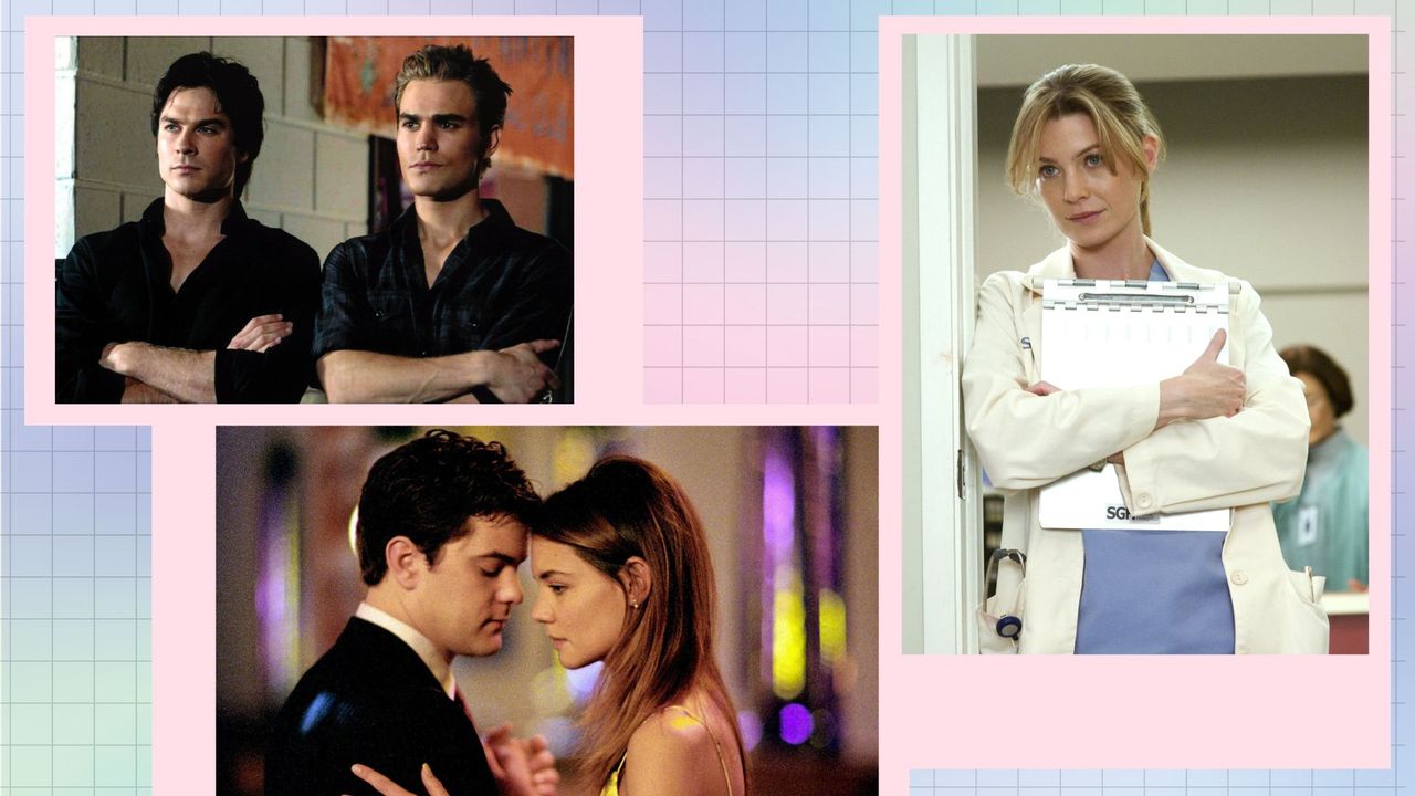 Best nostalgic TV Shows: stills from The Vampire Diaries, Dawson&#039;s Creek and Grey&#039;s Anatomy in a pastel green, blue and pink template