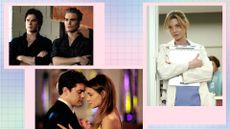 Best nostalgic TV Shows: stills from The Vampire Diaries, Dawson's Creek and Grey's Anatomy in a pastel green, blue and pink template