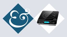 A black portable induction burner in a white diamond, beside a dark blue diamond with an & in it. 
