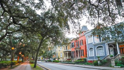 Historic houses around Forsyth Park, downtown Savannah, GA.