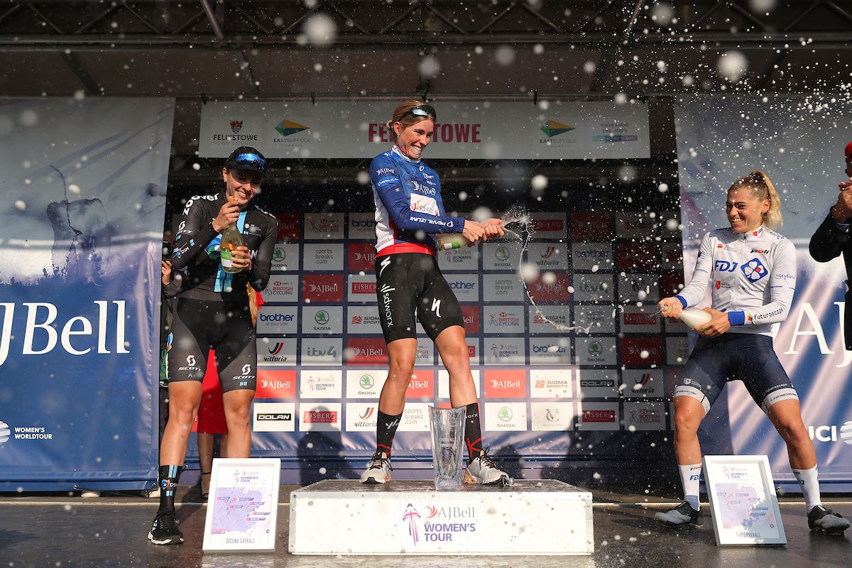 Picture by Alex Whitehead/SWpix.com - 09/10/2021 - Cycling - AJ Bell Women's Tour of Britain - Stage Six: Haverhill to Felixstowe, England - Overall general classification winner Demi Vollering of Team SD Worx on the podium with Juliette Labous of Team DSM in second and Clara Copponi of Team FDJ Nouvelle Aquitaine Futuroscope in third