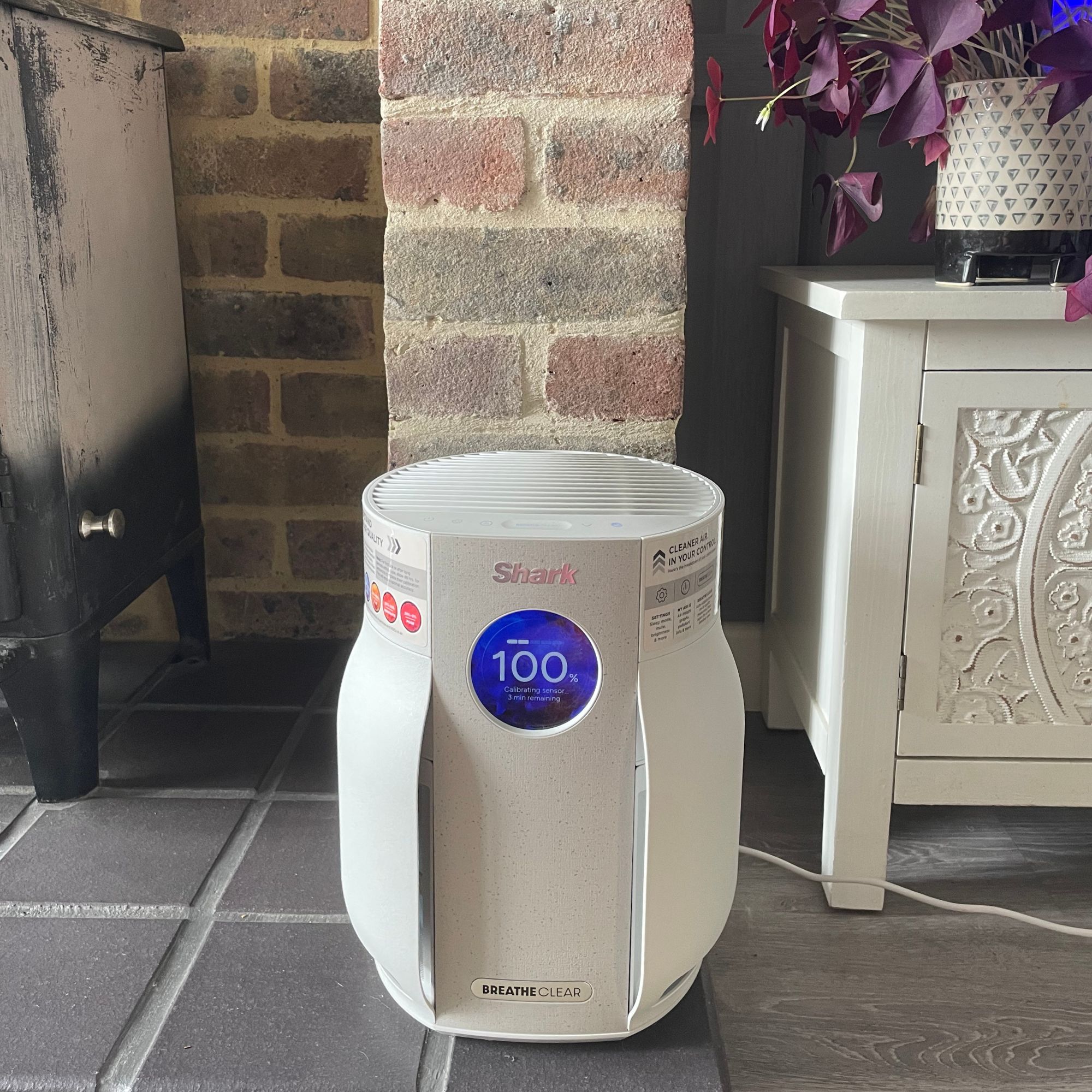 Shark BreatheClear Compact Air Purifier with NeverChange6 sitting on a black tiled hearth next to a log burner and a white TV unit