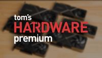 Tom's Hardware Premium Logo on background of GPUs on a table