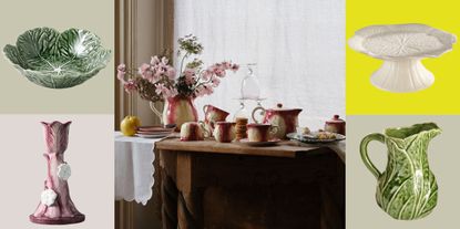 "Cabbageware" table decor pictured against a colorful checkered background from various brands