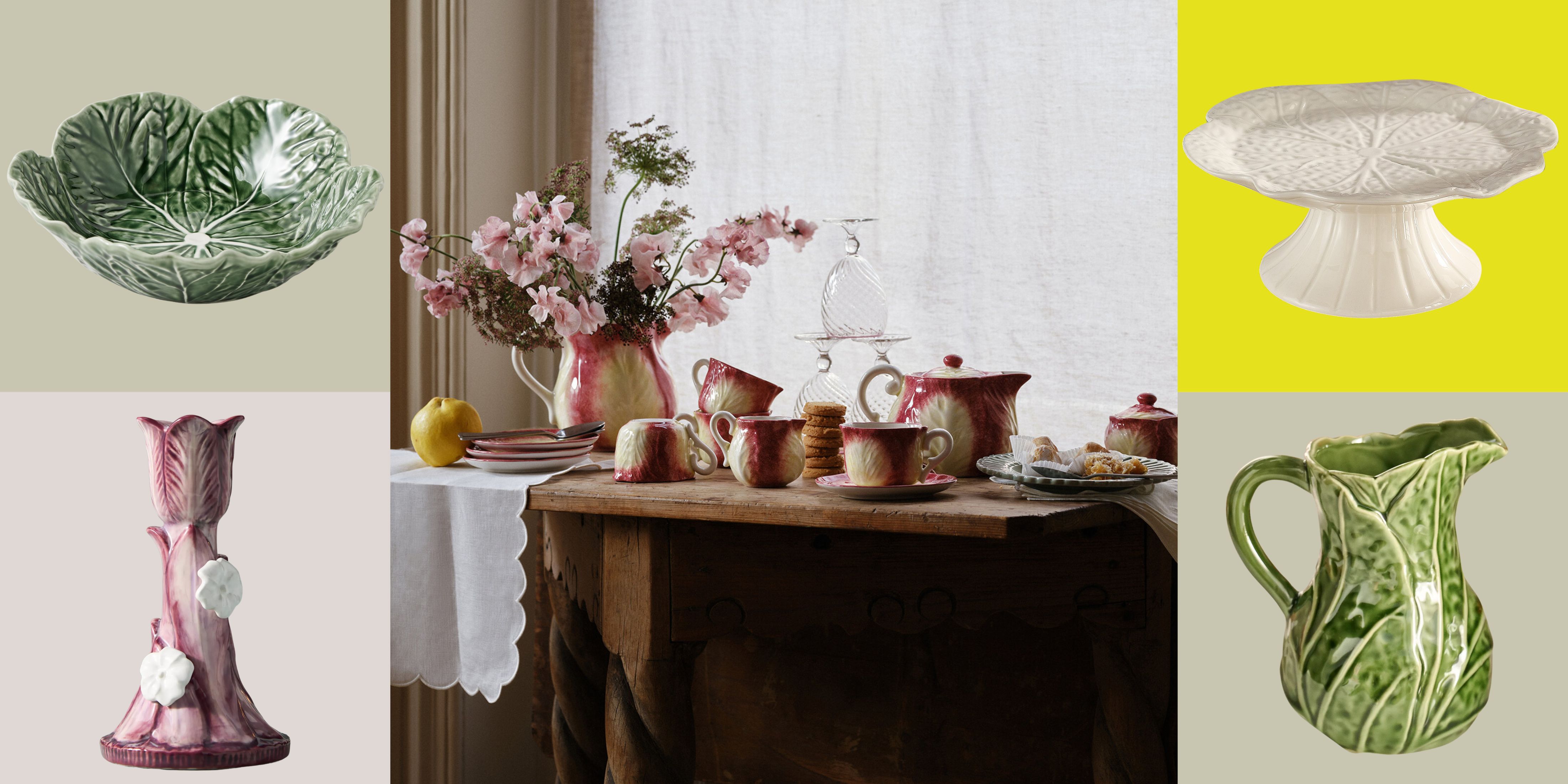 "Cabbageware" table decor pictured against a colorful checkered background from various brands