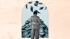 Woman in a suit looking at a pile of money as more falls from the sky