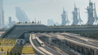 A wide shot of LAX Spaceport from The Creator.