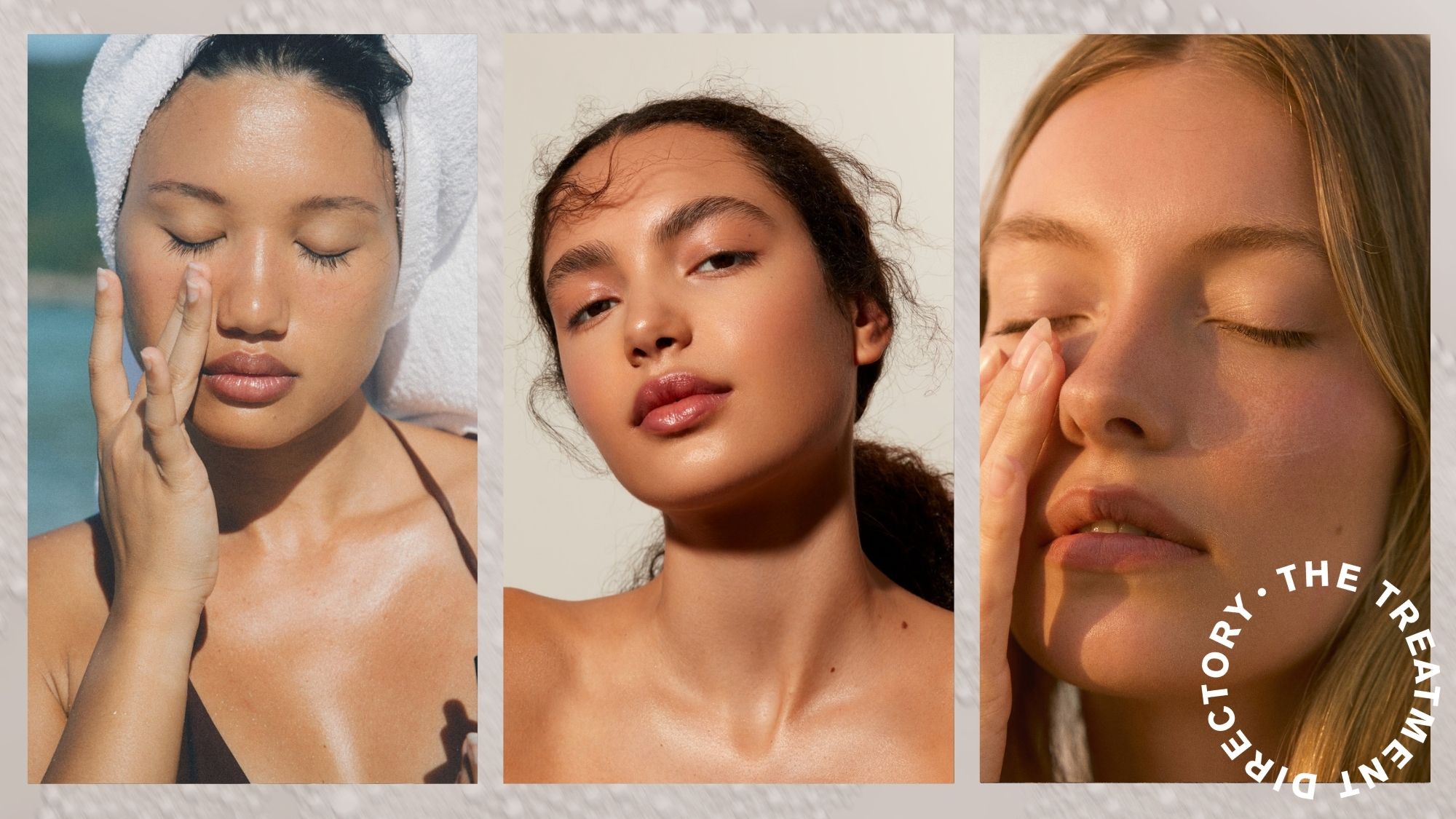 A collage with models applying skincare