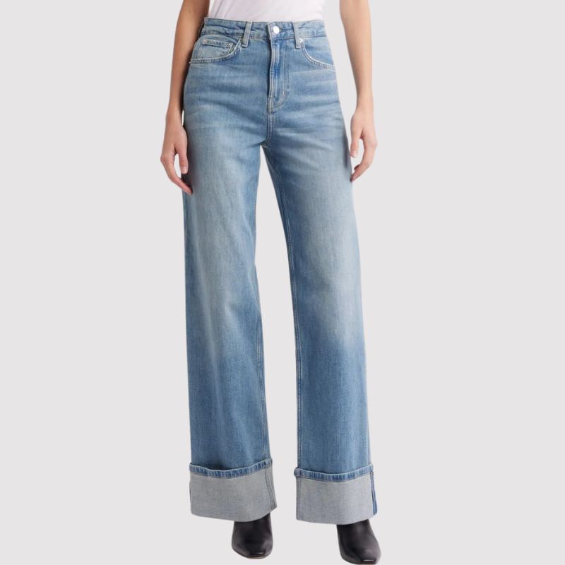 Getty High Waist Cuffed Wide Leg Jeans on model 