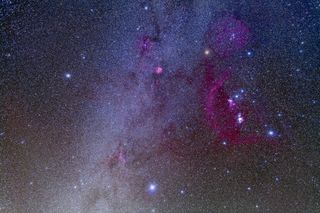 Orion and Canis Major, taking in Canis Minor as well, including the dog stars Sirius (lower) and Procyon (upper left). Around Orion you can see Barnards Loop, as well as the Horsehead Nebula area below the Belt of Orion and the Orion Nebula in the Sword of Orion. Betelgeuse is at top left of Orion, Rigel at bottom right.